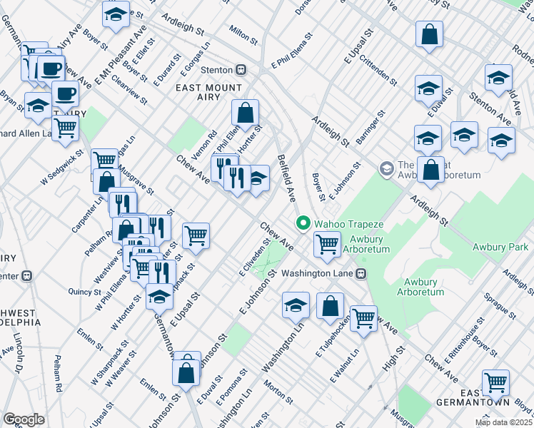 map of restaurants, bars, coffee shops, grocery stores, and more near 390 East Upsal Street in Philadelphia