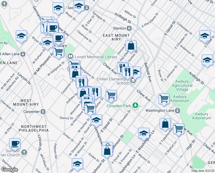 map of restaurants, bars, coffee shops, grocery stores, and more near 246 East Springer Street in Philadelphia