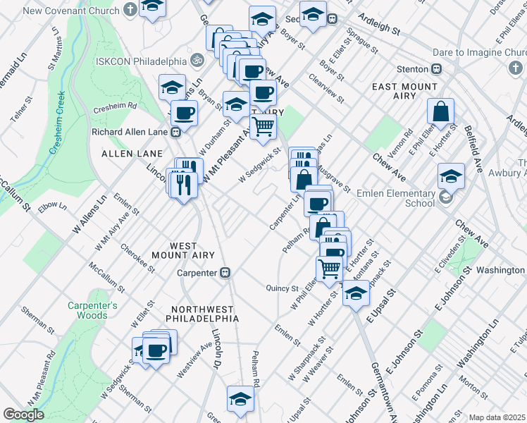 map of restaurants, bars, coffee shops, grocery stores, and more near 107 West Gorgas Lane in Philadelphia