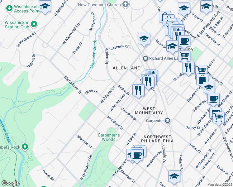 map of restaurants, bars, coffee shops, grocery stores, and more near 430 West Allens Lane in Philadelphia