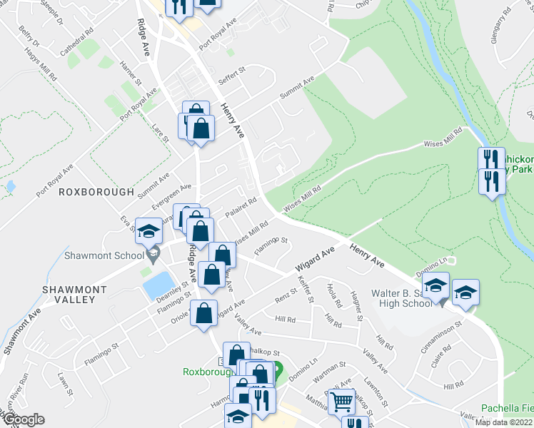 map of restaurants, bars, coffee shops, grocery stores, and more near 7712 Henry Avenue in Philadelphia