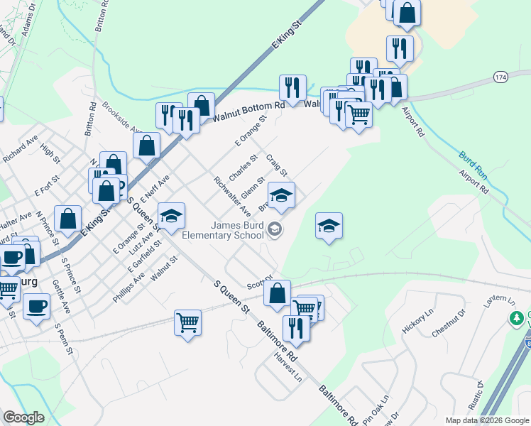 map of restaurants, bars, coffee shops, grocery stores, and more near 614 Glenn Street in Shippensburg