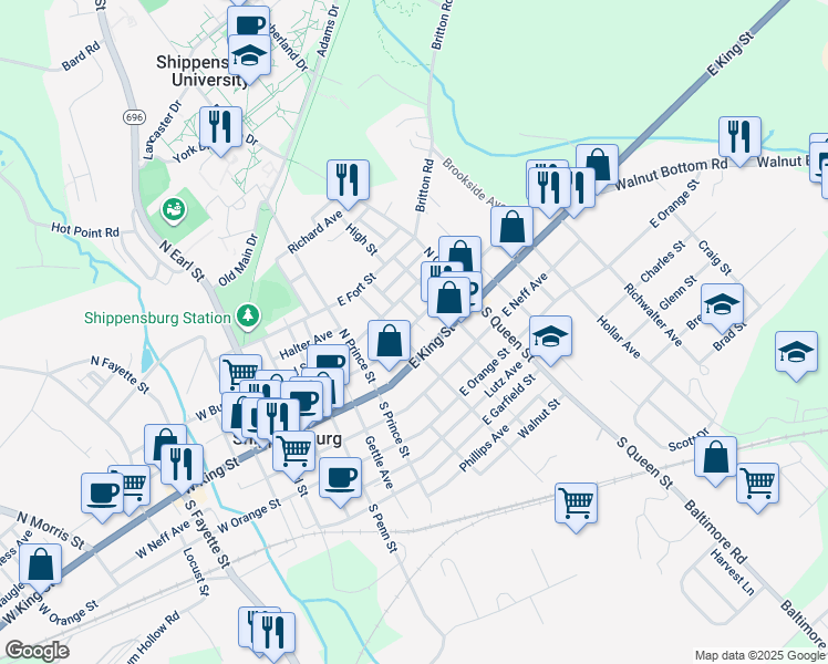 map of restaurants, bars, coffee shops, grocery stores, and more near 309 East King Street in Shippensburg