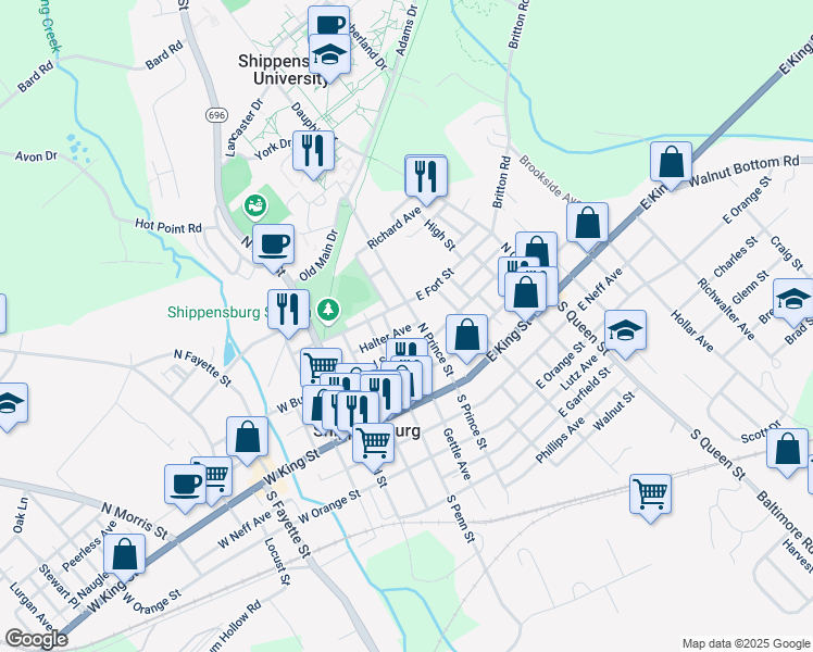 map of restaurants, bars, coffee shops, grocery stores, and more near 126 North Prince Street in Shippensburg