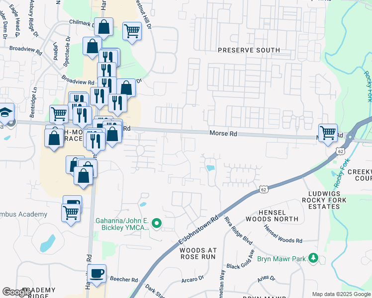 map of restaurants, bars, coffee shops, grocery stores, and more near 1400 Hollybrier Drive in Gahanna