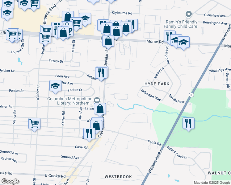 map of restaurants, bars, coffee shops, grocery stores, and more near 4182 Cleveland Avenue in Columbus