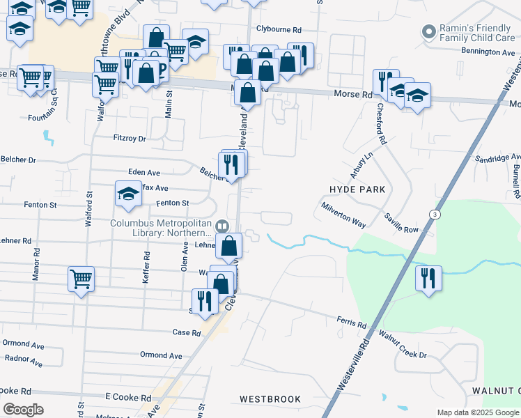 map of restaurants, bars, coffee shops, grocery stores, and more near 4182 Cleveland Avenue in Columbus