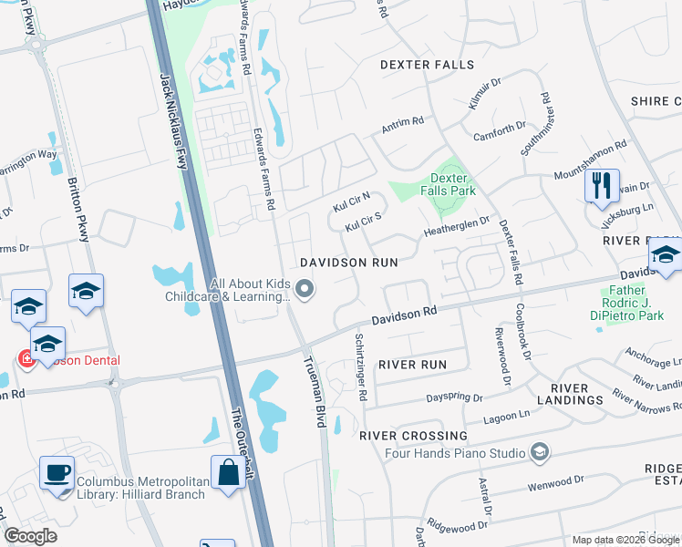 map of restaurants, bars, coffee shops, grocery stores, and more near 3976 Thims Court in Hilliard