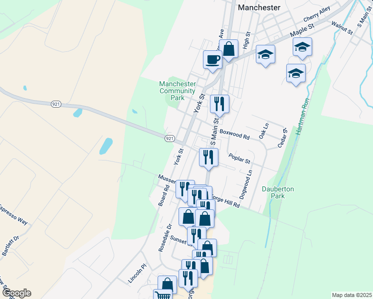 map of restaurants, bars, coffee shops, grocery stores, and more near 390 York Street in Manchester