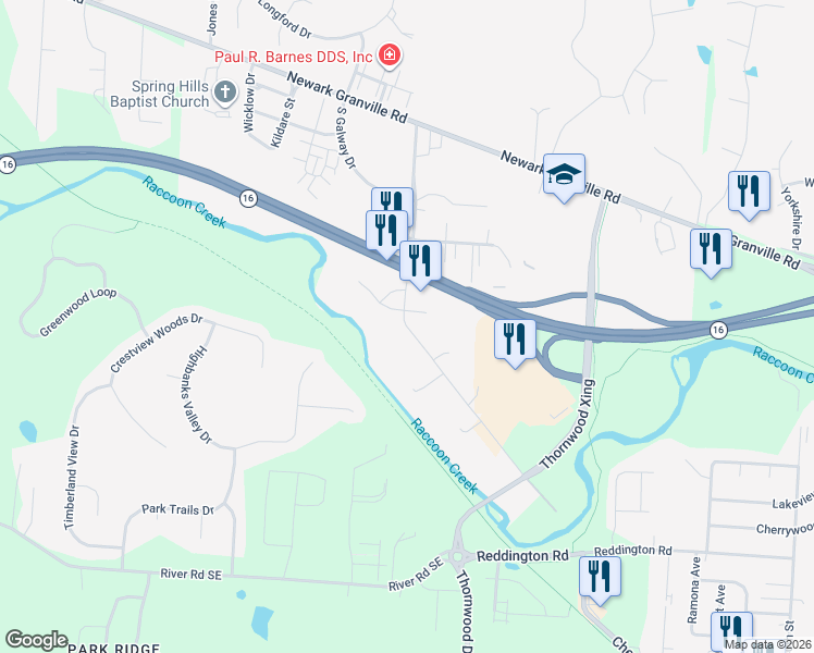 map of restaurants, bars, coffee shops, grocery stores, and more near 1000 Speedway Drive in Granville