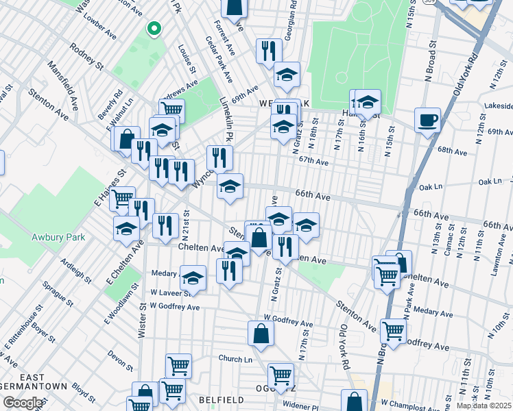 map of restaurants, bars, coffee shops, grocery stores, and more near 6526 North Uber Street in Philadelphia