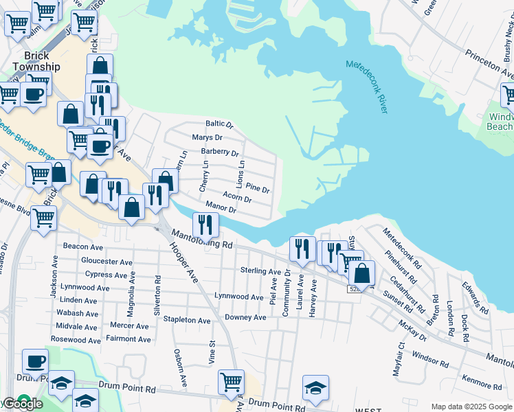 map of restaurants, bars, coffee shops, grocery stores, and more near 771 Acorn Drive in Brick