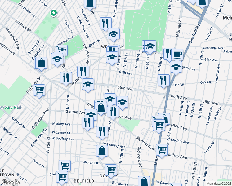 map of restaurants, bars, coffee shops, grocery stores, and more near 6529 North Gratz Street in Philadelphia