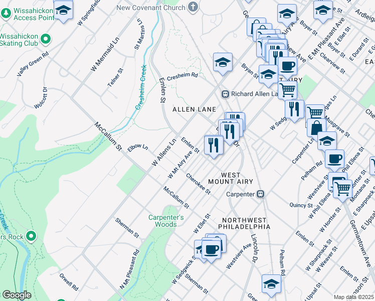 map of restaurants, bars, coffee shops, grocery stores, and more near 413 West Mount Airy Avenue in Philadelphia