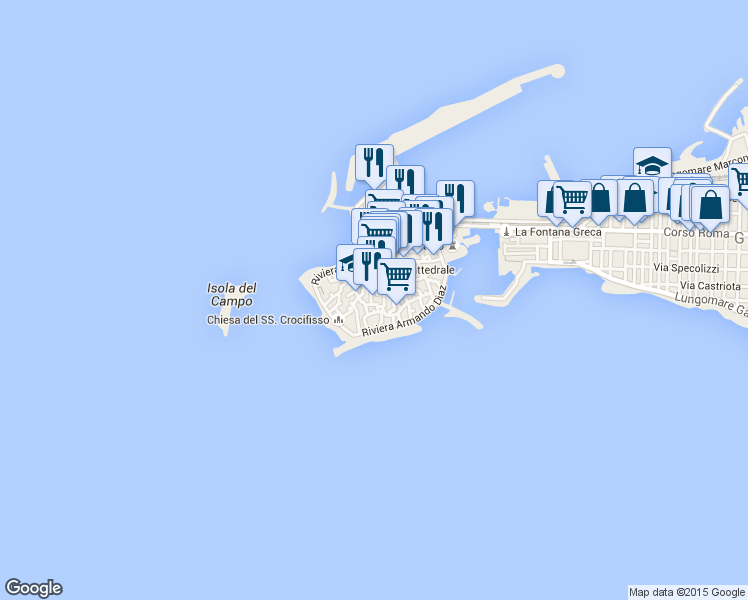 map of restaurants, bars, coffee shops, grocery stores, and more near 13 Via Cesare Battisti in Gallipoli