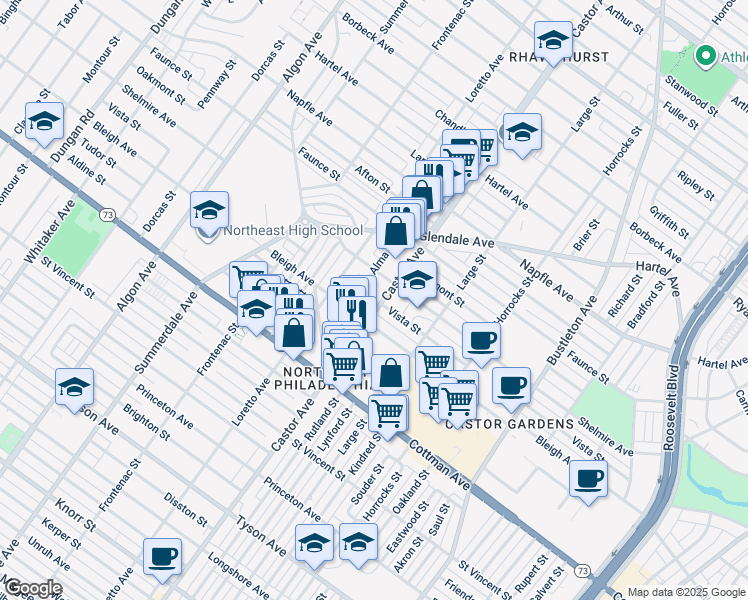 map of restaurants, bars, coffee shops, grocery stores, and more near 7414 Castor Avenue in Philadelphia