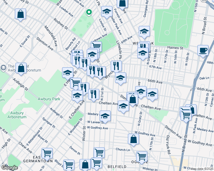 map of restaurants, bars, coffee shops, grocery stores, and more near 6518 North Lambert Street in Philadelphia