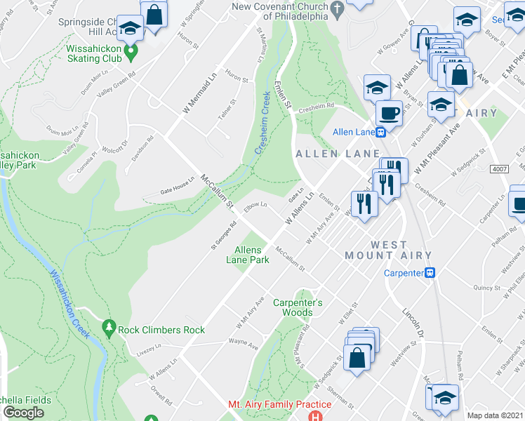 map of restaurants, bars, coffee shops, grocery stores, and more near 7308 Elbow Lane in Philadelphia
