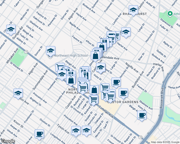 map of restaurants, bars, coffee shops, grocery stores, and more near 7414 Castor Avenue in Philadelphia