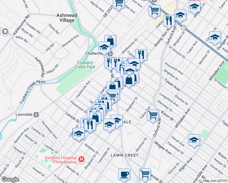 map of restaurants, bars, coffee shops, grocery stores, and more near 6708 Martins Mill Road in Philadelphia