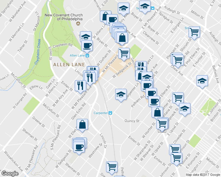 map of restaurants, bars, coffee shops, grocery stores, and more near 217 Durand Street in Philadelphia