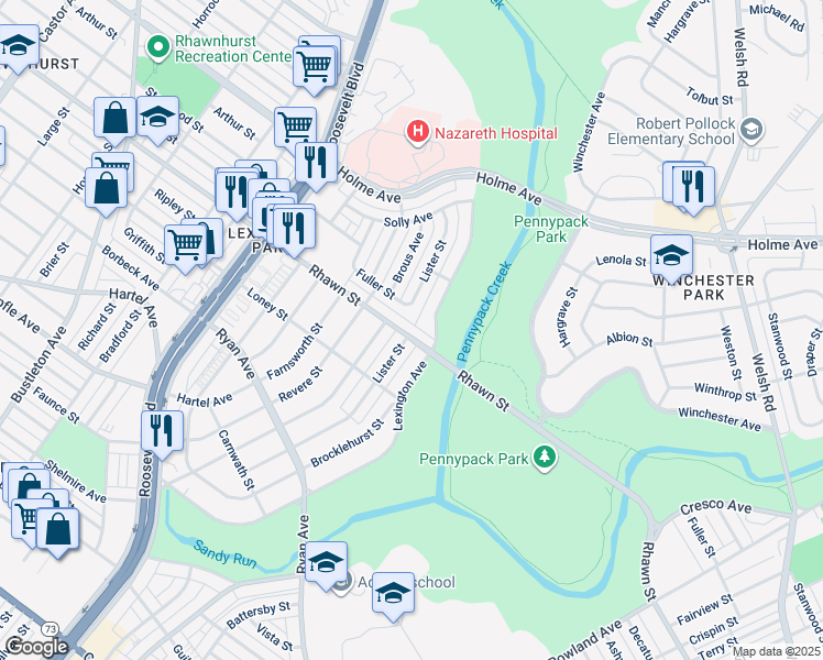 map of restaurants, bars, coffee shops, grocery stores, and more near 2835 Rhawn St in Philadelphia