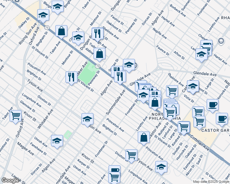 map of restaurants, bars, coffee shops, grocery stores, and more near 1124 Englewood Street in Philadelphia