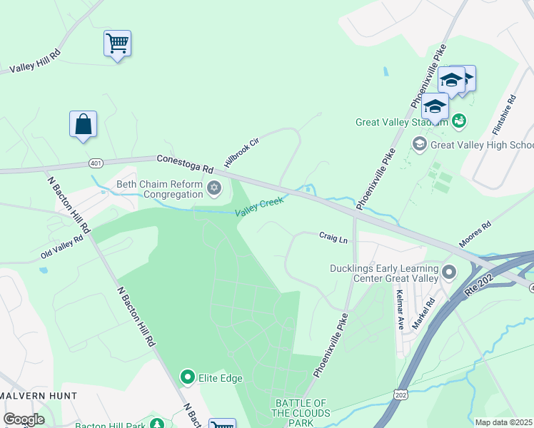 map of restaurants, bars, coffee shops, grocery stores, and more near 14 Clover Mill Lane in Malvern
