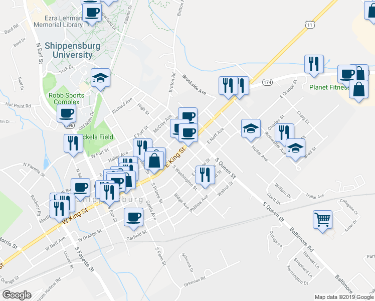 map of restaurants, bars, coffee shops, grocery stores, and more near 332 East King Street in Shippensburg