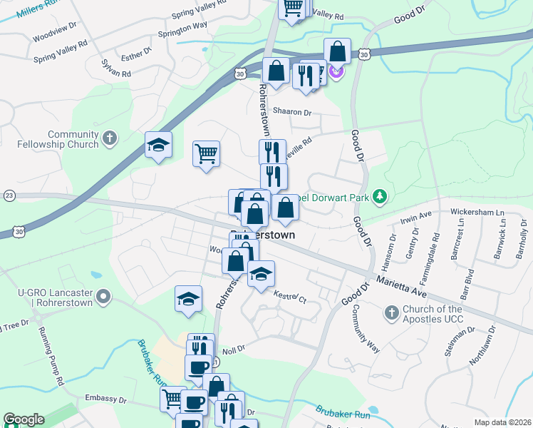 map of restaurants, bars, coffee shops, grocery stores, and more near 811 Rohrerstown Road in Lancaster
