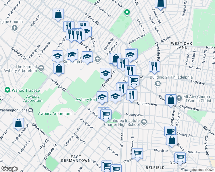 map of restaurants, bars, coffee shops, grocery stores, and more near 5850 Crittenden Street in Philadelphia