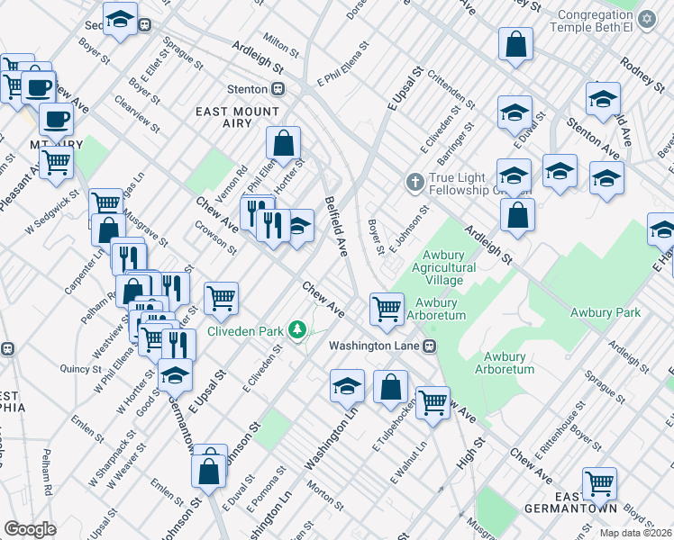 map of restaurants, bars, coffee shops, grocery stores, and more near 6455 Belfield Avenue in Philadelphia