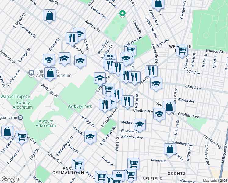 map of restaurants, bars, coffee shops, grocery stores, and more near 1327 East Price Street in Philadelphia