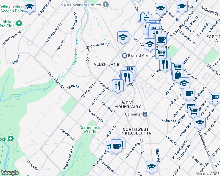 map of restaurants, bars, coffee shops, grocery stores, and more near 350 West Mount Airy Avenue in Philadelphia