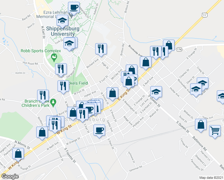 map of restaurants, bars, coffee shops, grocery stores, and more near 26 North Washington Street in Shippensburg