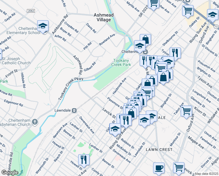 map of restaurants, bars, coffee shops, grocery stores, and more near 6452 Newtown Avenue in Philadelphia
