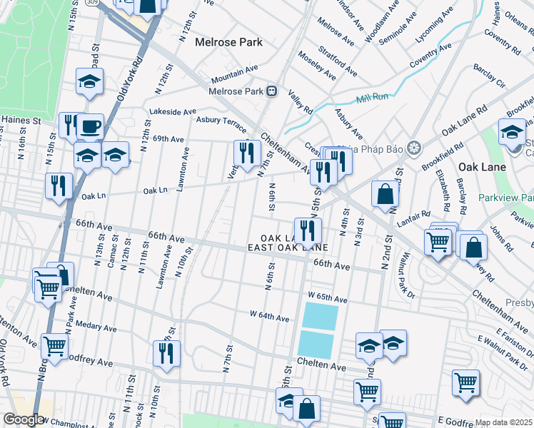 map of restaurants, bars, coffee shops, grocery stores, and more near 6700 North 6th Street in Philadelphia