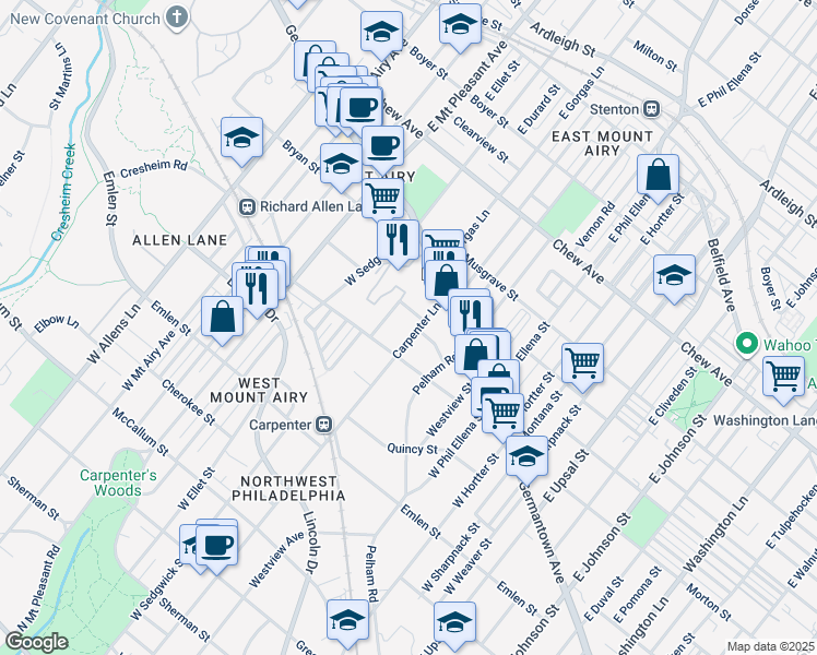 map of restaurants, bars, coffee shops, grocery stores, and more near 33 Carpenter Lane in Philadelphia