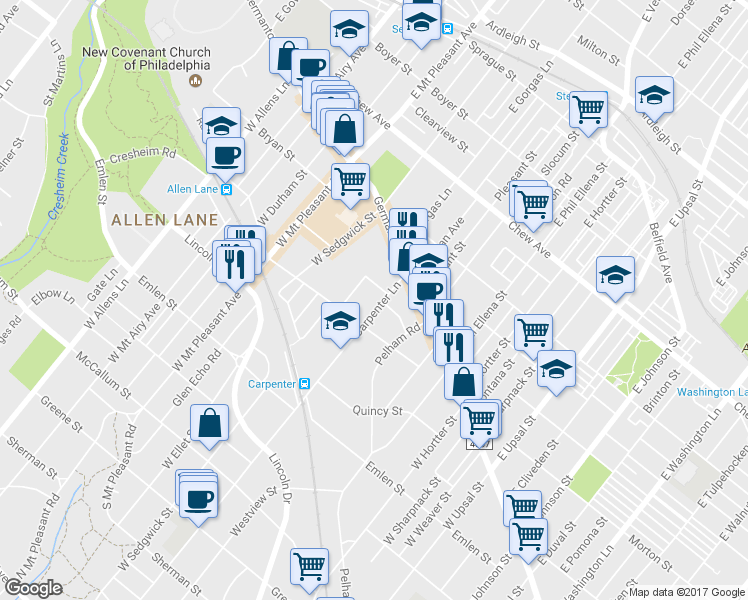 map of restaurants, bars, coffee shops, grocery stores, and more near 33 Carpenter Lane in Philadelphia