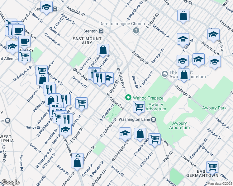 map of restaurants, bars, coffee shops, grocery stores, and more near 389 1/2 East Cliveden Street in Philadelphia