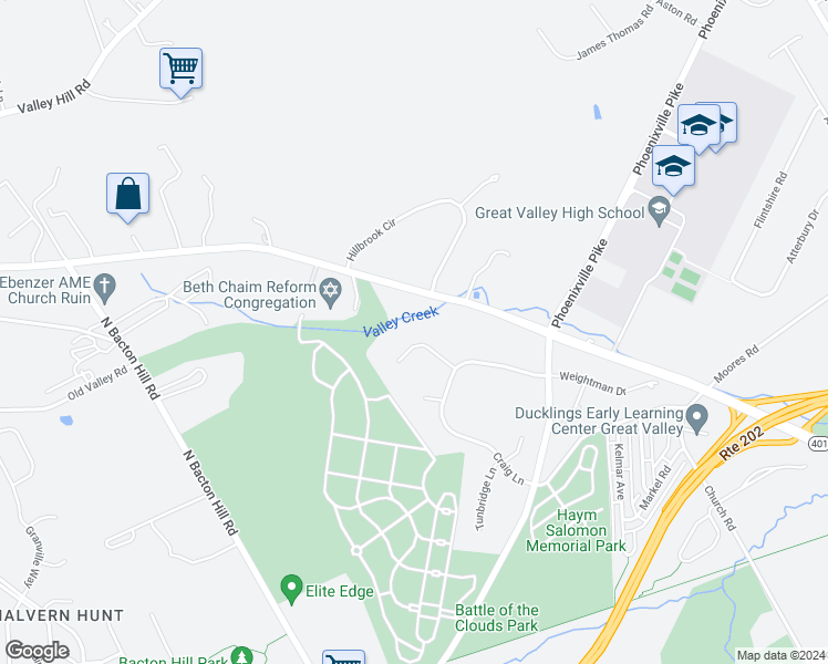 map of restaurants, bars, coffee shops, grocery stores, and more near 14 Clover Mill Lane in Malvern