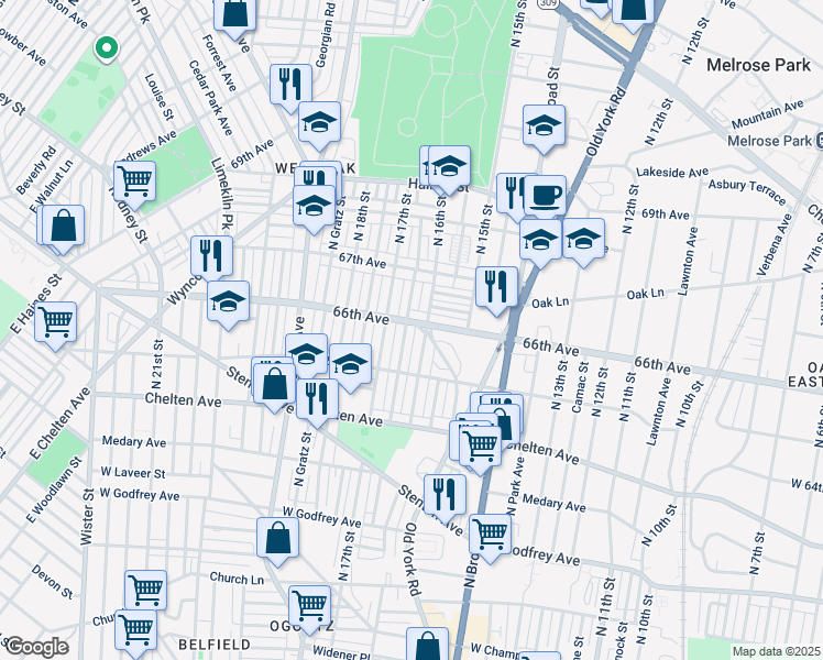 map of restaurants, bars, coffee shops, grocery stores, and more near 6555 North Smedley Street in Philadelphia