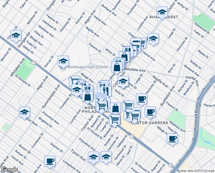 map of restaurants, bars, coffee shops, grocery stores, and more near 7413 Alma Street in Philadelphia