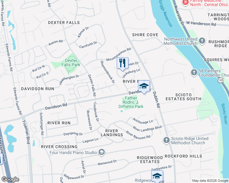 map of restaurants, bars, coffee shops, grocery stores, and more near 4933 McPartlan Court in Columbus