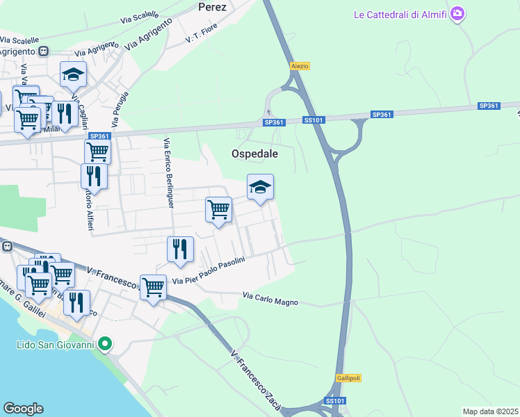 map of restaurants, bars, coffee shops, grocery stores, and more near 35 Via Eugenio Montale in Gallipoli