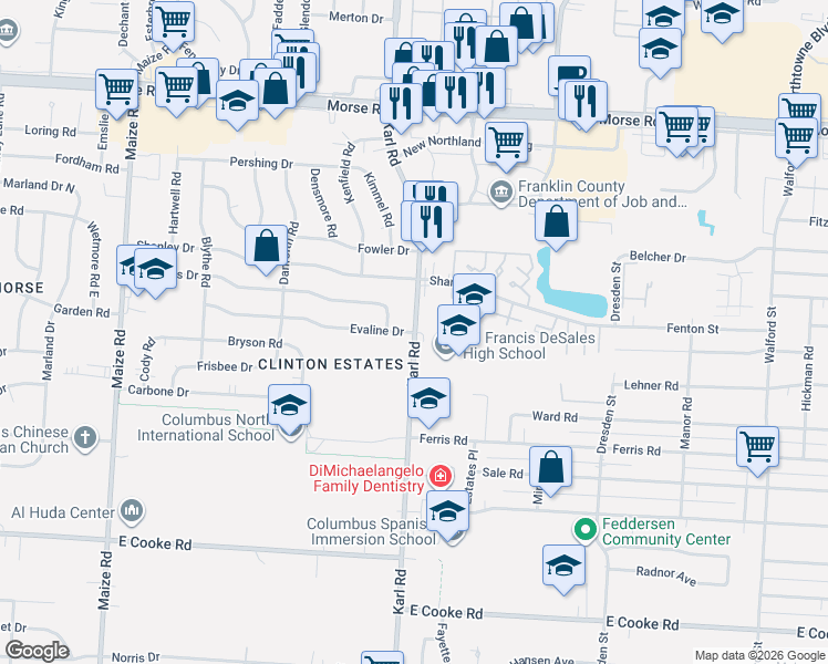 map of restaurants, bars, coffee shops, grocery stores, and more near Karl Road & Evaline Drive in Columbus