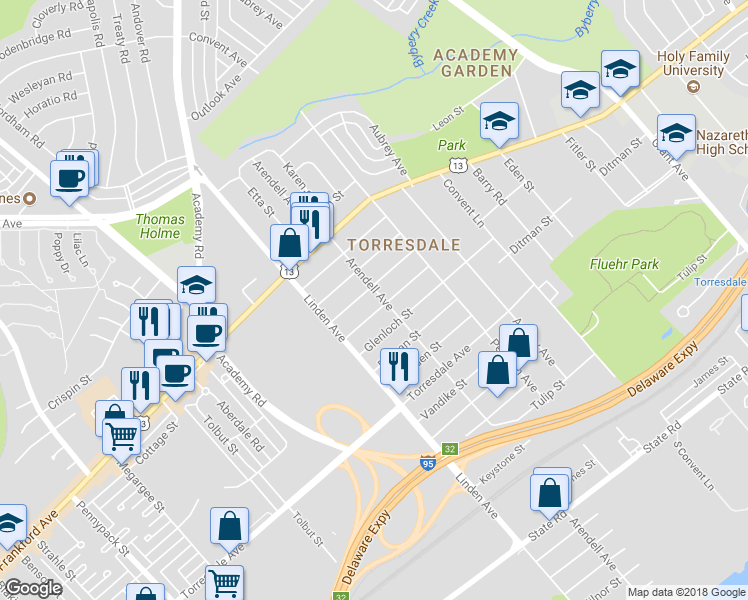 map of restaurants, bars, coffee shops, grocery stores, and more near 4430 Arendell Avenue in Philadelphia