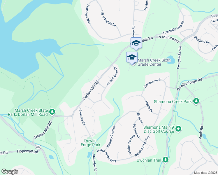 map of restaurants, bars, coffee shops, grocery stores, and more near 815 Robert Dean Drive in Downingtown