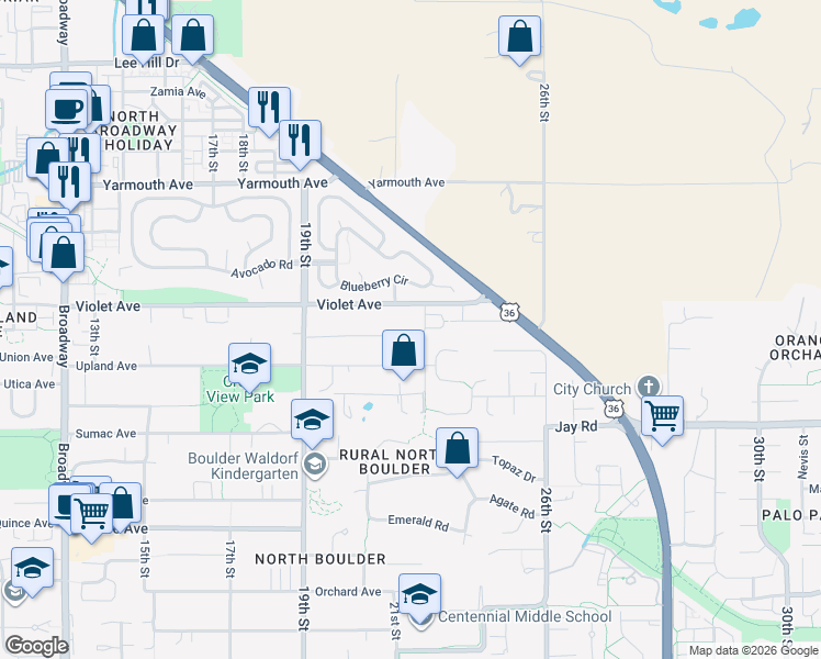 map of restaurants, bars, coffee shops, grocery stores, and more near 2180 Violet Avenue in Boulder