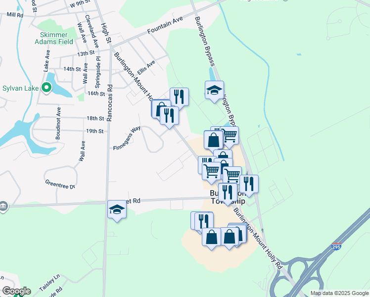 map of restaurants, bars, coffee shops, grocery stores, and more near 1809 Mount Holly Road in Burlington
